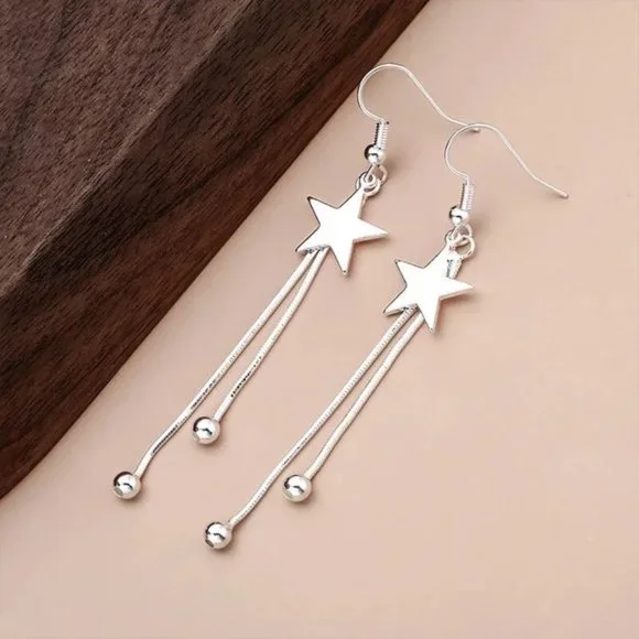 925 Sterling Silver luxury star Tassel bead earrings for women fashion p… - Picture 2 of 5